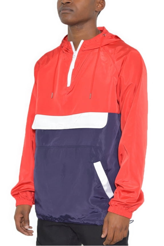 Casual Block Anorak Jacket Long Sleeve Pullover Windbreaker Hoodie Top, Red/Navy (Women's)