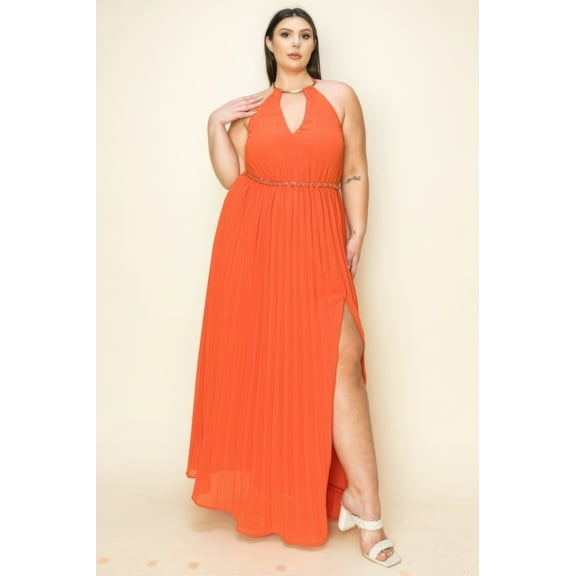 Saronite Chiffon Pleated Gold Trim Neck & Belt Cut Out Chest Maxi Dress, Rust (Women's Plus)