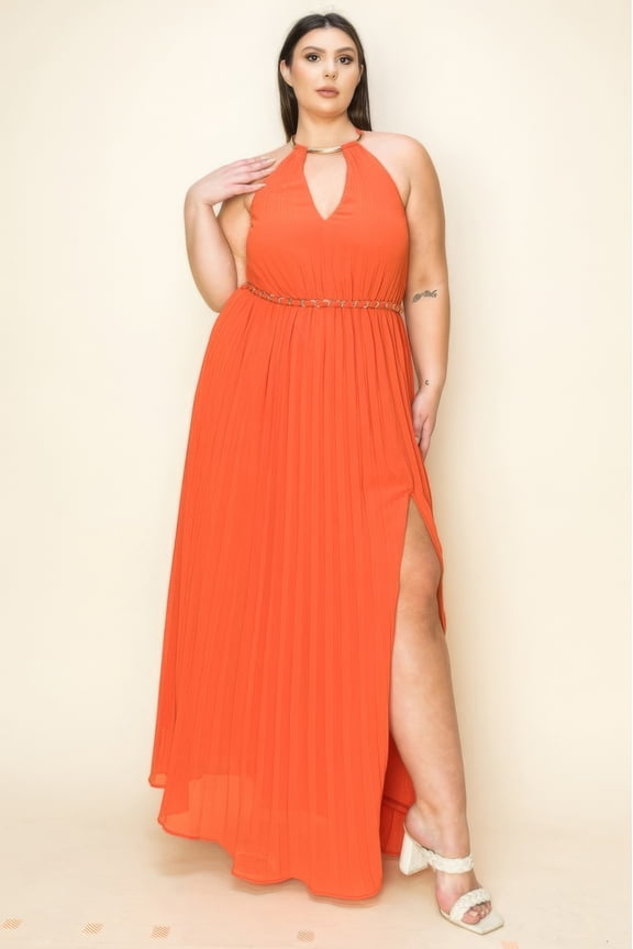 Chiffon Pleated Gold Trim Neck & Belt Cut Out Chest Maxi Dress, Rust (Women's Plus)