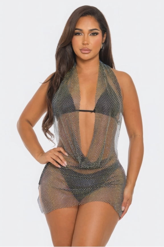 Cover Up Bikini Halter Neckline Slim Fit Mini Sleeveless Beach Dress, Black (Women's)