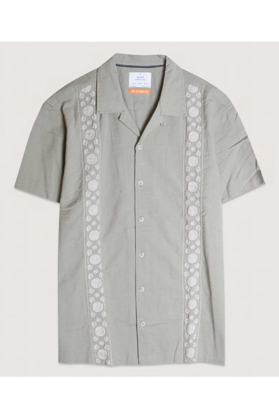 Embroidered Panels Camp Cotton Short Sleeve Shirt, Sea Grass (Men's)