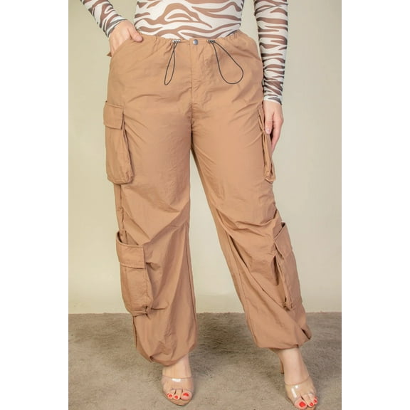 Saronite Flap Pockets Elastic Band 2 Front Pockets Drawstring Ruched Parachute Pants, Sugar Brown (Women's)