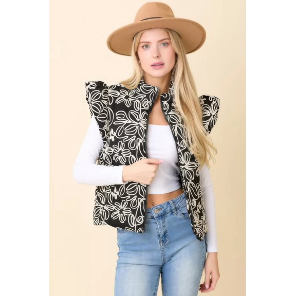 Saronite Floral Velvet Embroidered Denim Sleeveless Puffer Vest Top, Black/White (Women's)