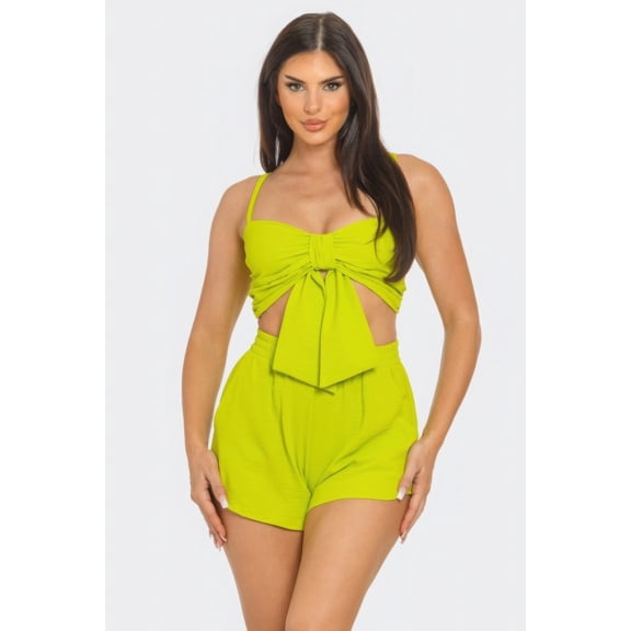 Saronite Front Oversized Bow Adjustable Straps Twisted Tie Crop Top And Shirring Smocking Elastic Waistband Shorts Set, Lime (Women's)