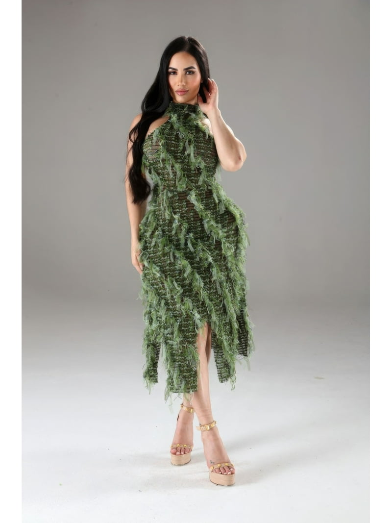 Saronite Halter Ruffled Halter Lace Up Neck and Opened Back Cut Out Front  Dress, Green (Women's) - Walmart.com