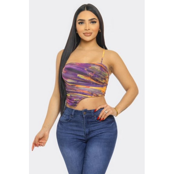 Saronite Mesh Printed Adjustable Straps Stretchy Crop Top, Orange Multi (Women's)