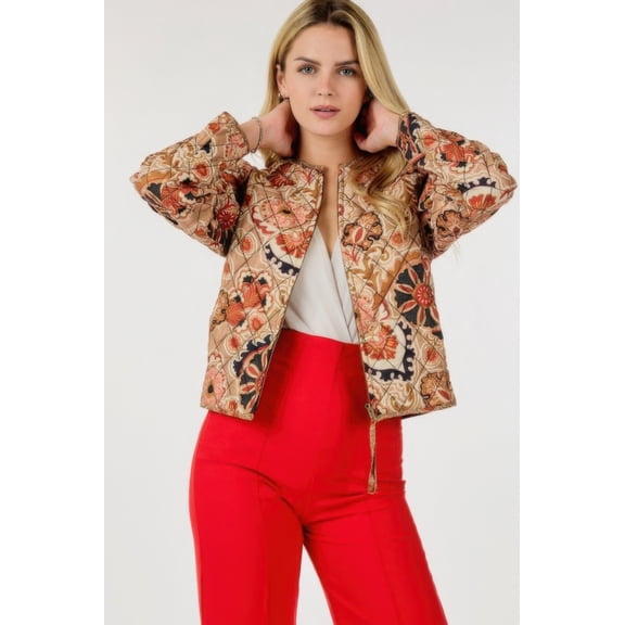 Saronite Multi-print Zip Up Long Sleeve Seamlessly Jacket, Tan (Women's)