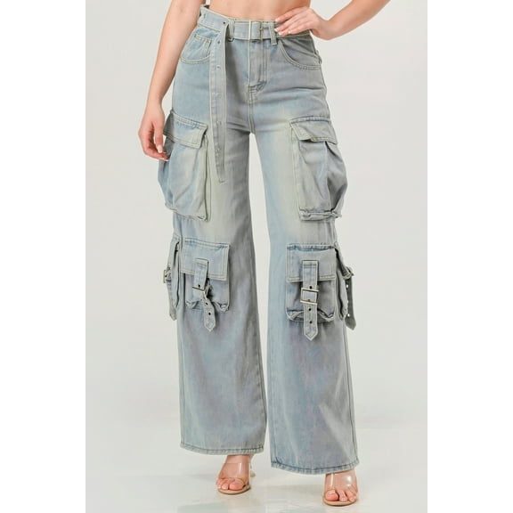 Saronite Non-Stretch 2 Pockets Sides Full Length Belted Cargo Jeans, Denim (Women's)