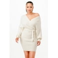 thumbnail image 1 of Saronite Off Shoulder Neck Belted Waisted Wrap Belted Long Sleeve Ribbed Knit Sweather Mini Dress, Cream (Women's), 1 of 4