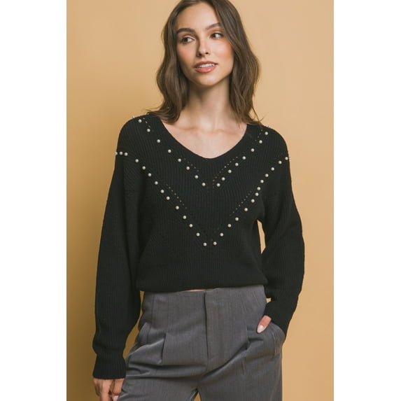 Saronite Pearl Details Round Neck Ribbed Knit Stretchy Thermal Sweater Top, Black (Women's)