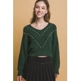 thumbnail image 1 of Saronite Pearl Details Round Neck Ribbed Knit Stretchy Thermal Sweater Top, Hunter Green (Women's), 1 of 5