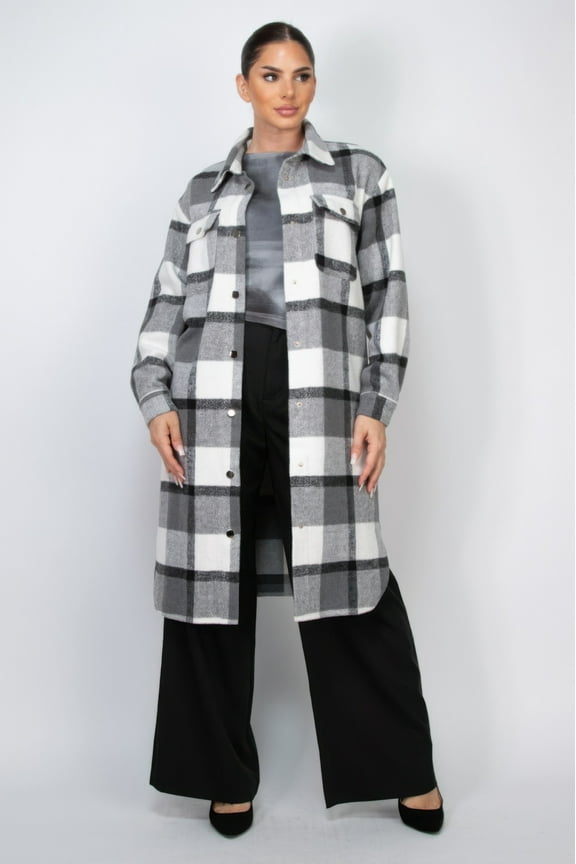 Plaid Buttoned Shacket Collared Neck Thermal Long Sleeve Coat, Black (Women's)