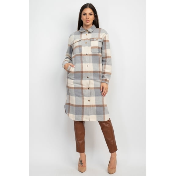 Saronite Plaid Buttoned Shacket Collared Neck Thermal Long Sleeve Coat, Cream/Grey (Women's)