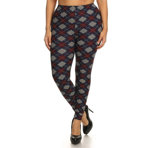 Saronite Plaid Graphic Printed Full Length High Waisted Leggings, (Women's Plus)
