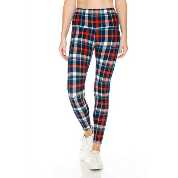 Saronite Plaid Printed 5-inch Long Band High Waisted Full Length Yoga Leggings (Women's)