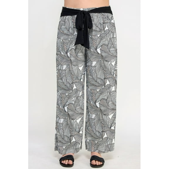 Saronite Plissé Palm Print Waist Tie Pants, Black/White (Women's)