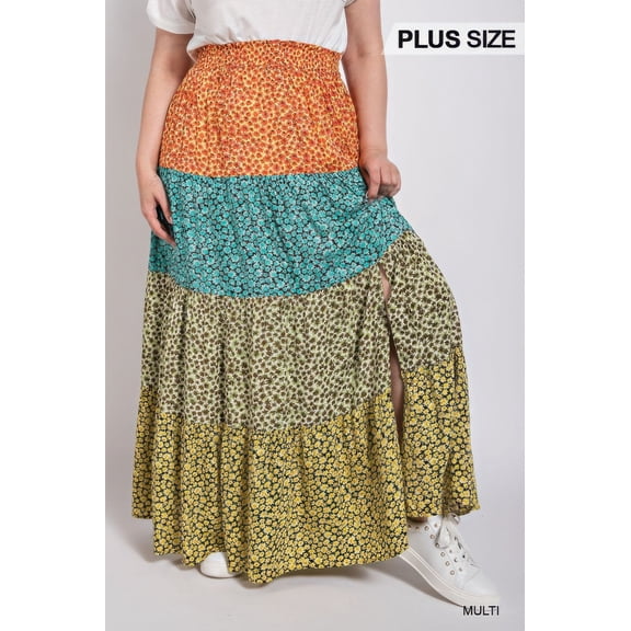 Saronite Plus Size Ditsy Floral Color Block Skirt with Front Slit, Multi (Women's)