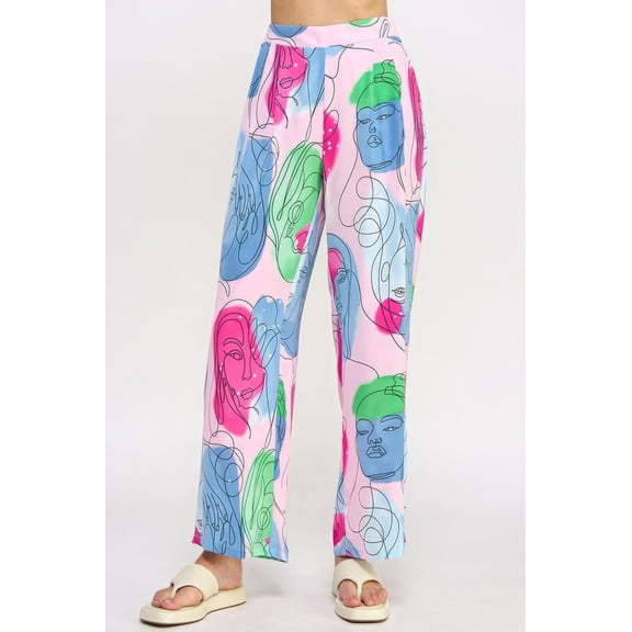 Saronite Printed Wide Leg Pant With Elastic Back, Bubble Gum (Women's)