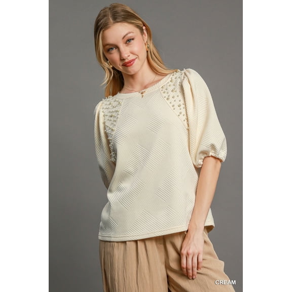 Saronite Puff Sleeve Round Neck Streach Knit Top Shirt Blouse, Cream (Women's)