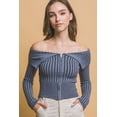 thumbnail image 1 of Saronite Ribbed Bardot Neck Zip Up Viscose Stretchy Long Sleeve Top, Blue (Women's), 1 of 5