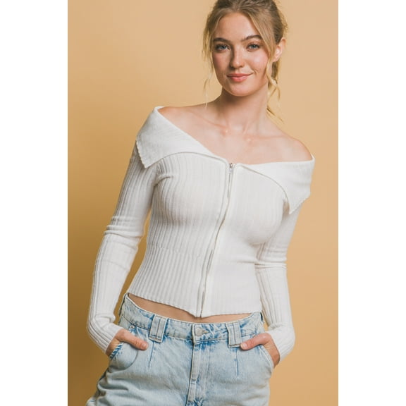 Saronite Ribbed Bardot Neck Zip Up Viscose Stretchy Long Sleeve Top, White (Women's)