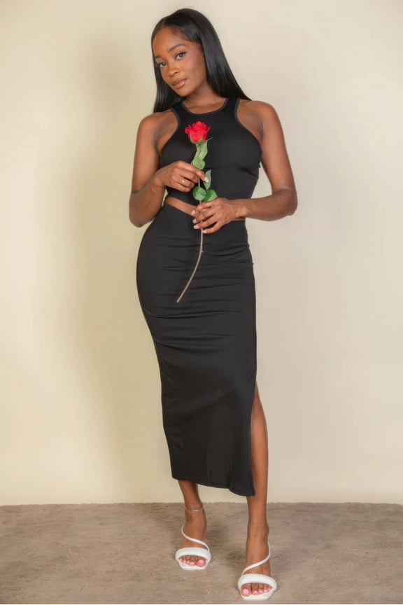 Ribbed Cropped Sleeveless Top and Maxi Side Slit Skirt Set, Black (Women's)