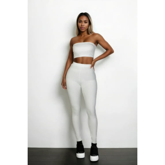 Saronite Ribbed Knit Strapless Tube Top & Stretch Knit Leggings Set, White (Women's)