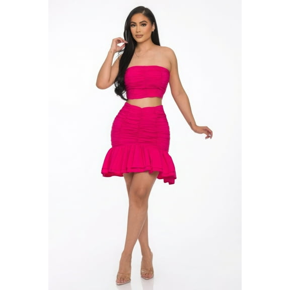 Saronite Ruffle Ruched Mini Skirt Set, Fuchsia (Women's)