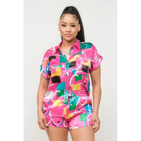 Saronite Satin Dolman Printed Button Down Short Sleeve Top Shirt & Elastic Waistband Shorts w/Side Pockets Set, Fuchsia (Women's)