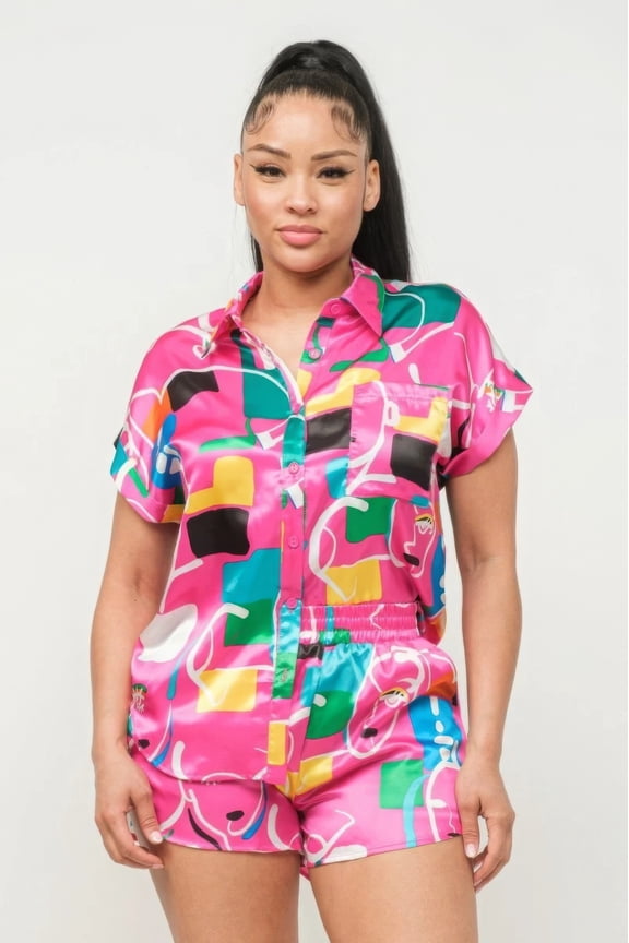 Satin Dolman Printed Button Down Short Sleeve Top Shirt & Elastic Waistband Shorts w/Side Pockets Set, Fuchsia (Women's)