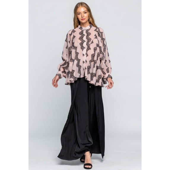 Saronite See Through Long Sleeve Shirt With Lace Detail, Pink (Women's)