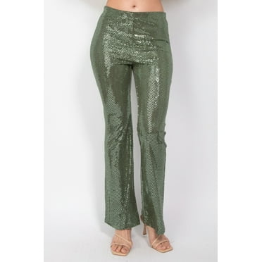 Saronite Sequined Fit & Flare Midrise Metallic Elastic Waistband Full Length Pants, Olive (Women's)