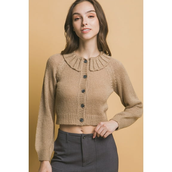 Saronite Short Collared Long Sleeve Ribbed Knit Thermal Sweater Top, Khaki (Women's)