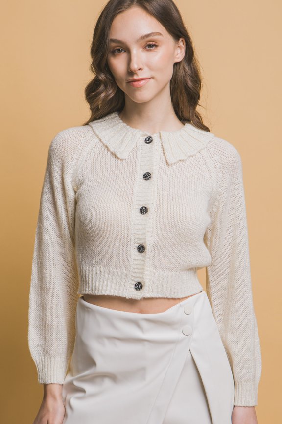 Short Collared Long Sleeve Ribbed Knit Thermal Sweater Top, Off White (Women's)