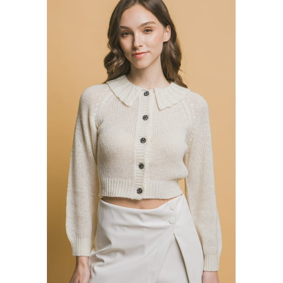 Saronite Short Collared Long Sleeve Ribbed Knit Thermal Sweater Top, Off White (Women's)