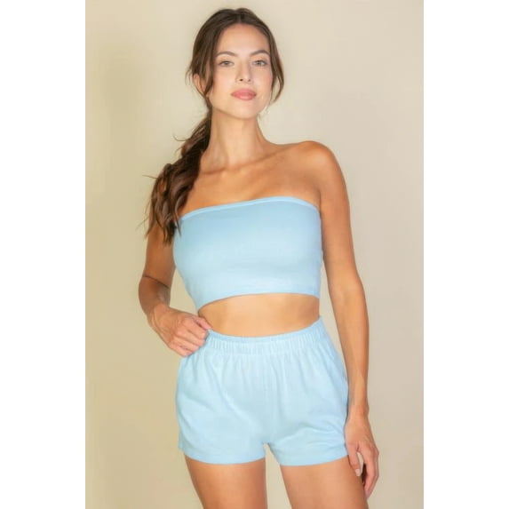 Saronite Simple Solid Color Stretchy Cotton Strapless Tube Top & Bottom Shorts 2 Piece Set, Blue (Women's)