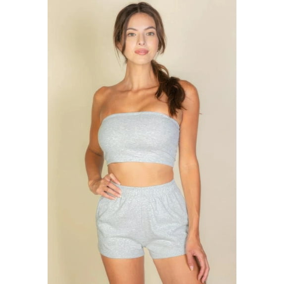 Saronite Simple Solid Color Stretchy Cotton Strapless Tube Top & Bottom Shorts 2 Piece Set, Heather Grey (Women's)