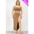 thumbnail image 1 of Saronite Solid 2 Piece Crop Top Cami Tank Split Front Thigh Maxi Skirt Set, Coca Mocha (Women's Plus), 1 of 5