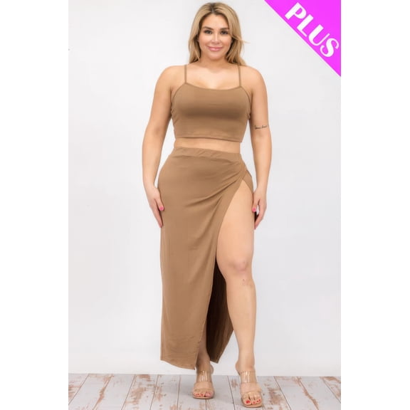 Saronite Solid 2 Piece Crop Top Cami Tank Split Front Thigh Maxi Skirt Set, Coca Mocha (Women's Plus)