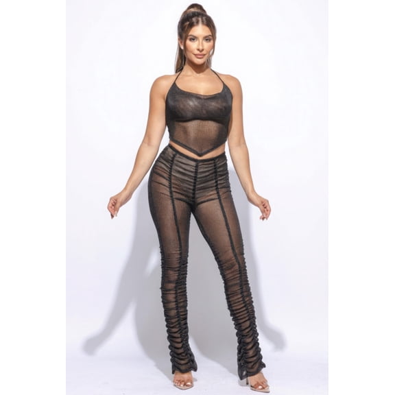 Saronite Solid Adjustable Strap Halter Top Rayon Lace Up Ruched Full Length Pants Set, Black (Women's)