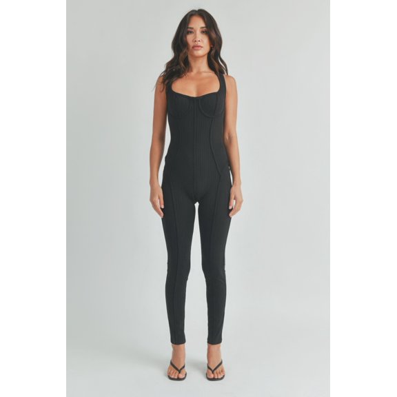 Saronite Solid Color 1 Piece Ribbed Knit Sleeveless Jumpsuit Romper, Cayenne (Women's)