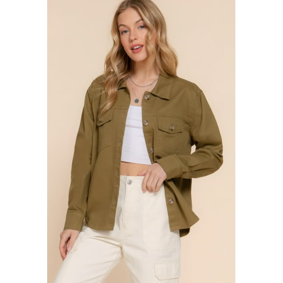 Saronite Solid Cotton Twill Button Down Long Sleeve Adjustable Cuffs Shacket, Olive (Women's)