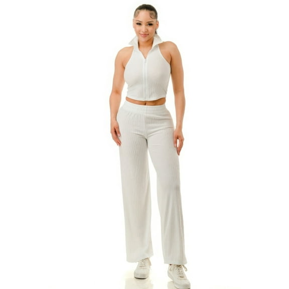 Saronite Solid Crinkle Wide Zip Up Front Sleevless Top Elastic Waistband Pants 2 Piece Set, White (Women's)