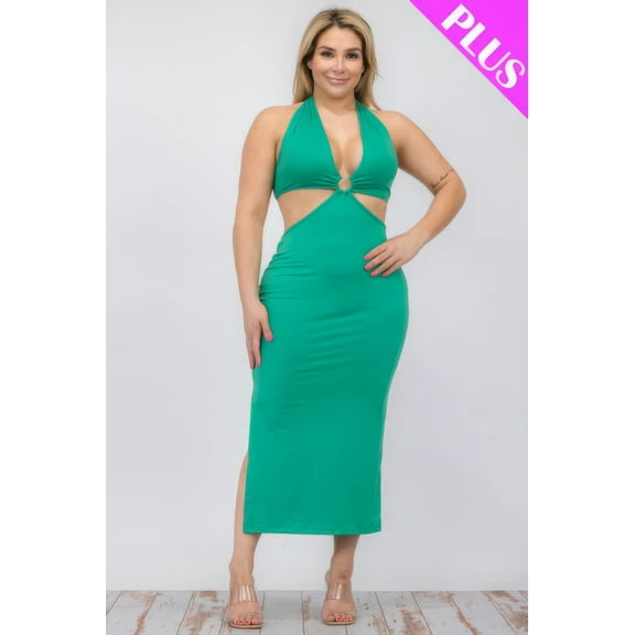 Saronite Solid Cut Out Front Halter Neck Bodycon Fit Double Back Tie Split Thigh Midi Dress, Kelly Green (Women's Plus)