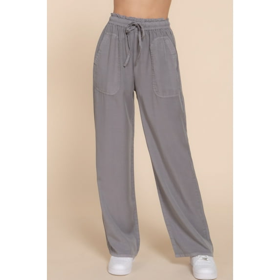 Saronite Solid Elastic Waisted Tencel 2 Sides Pockets Full Length Pants, Grey (Women's)