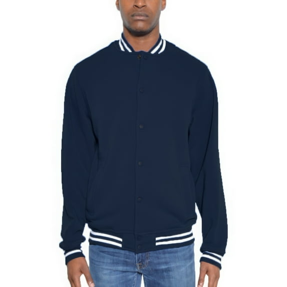 Saronite Solid Fleece Snap Button Front Standard Pockets Sides Long Sleeve Varsity Casual Jacket, Navy (Women's)