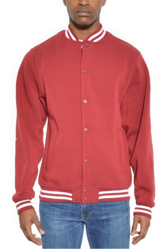 Solid Fleece Snap Button Front Standard Pockets Sides Long Sleeve Varsity Casual Jacket, Red (Women's)