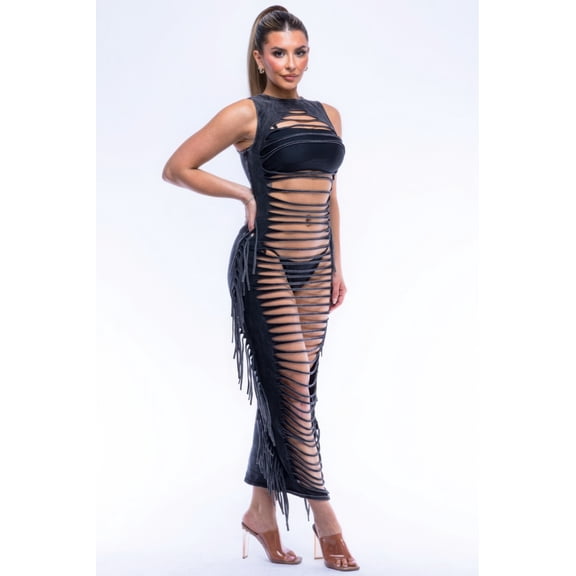 Saronite Solid Fringe Cut Out Sleeveless Cotton Maxi Dress, Black (Women's)