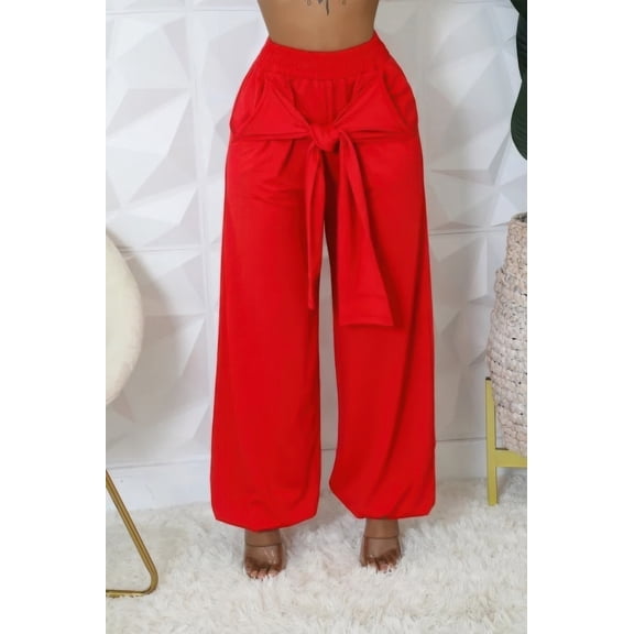 Saronite Solid High Elastic Waistband Stretch 2 Sides Pocket Full Length Pants, Red (Women's)