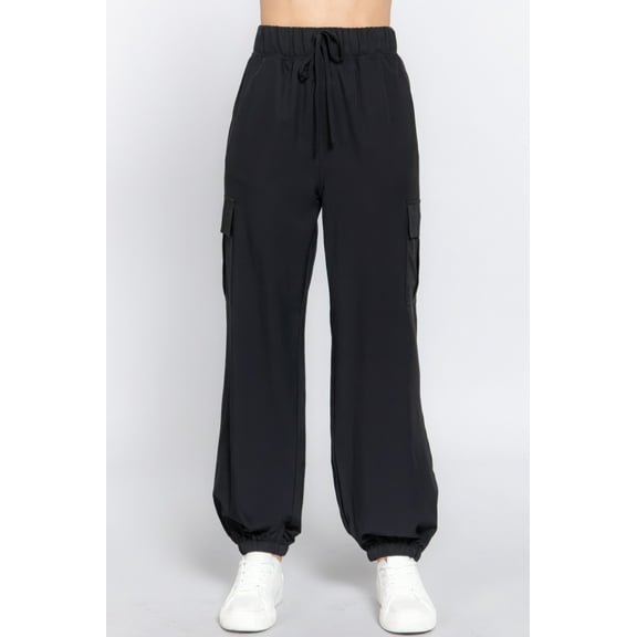 Saronite Solid Light Weight Stretch Woven 2 Sides Pockets Full Length Cargo Jogger Pants, Black (Women's)